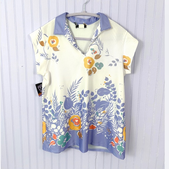 *SOLD* Vintage 1970's Polyester Floral Top Purple Floral V-Neck - Picture 2 of 6